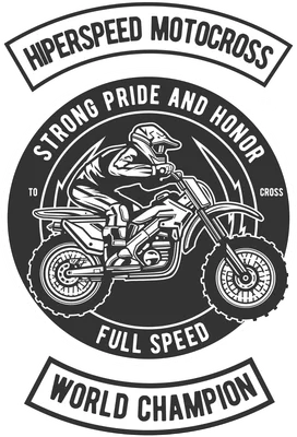 Hình ảnh minh họa vận động viên Motocross đang phi nước đại với dòng chữ "HiperSpeed Motocross", "Strong Pride and Honor", "Full Speed World Champion"
