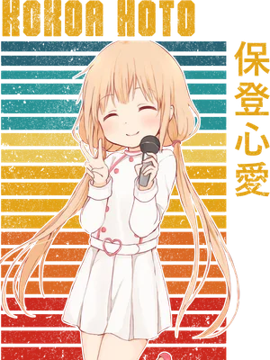 Hình ảnh cô gái anime tóc vàng dài, mặc váy trắng, cầm micro và giơ tay tạo dáng chữ V, nền sọc ngang nhiều màu.