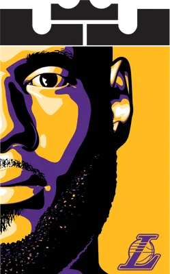 Hình chân dung cận mặt LeBron James với tông màu vàng tím đặc trưng, có logo Lakers.