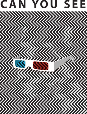 Hình minh họa kính 3D trắng với tròng xanh đỏ trên nền họa tiết zigzag đen xám, kèm chữ 'CAN YOU SEE'.