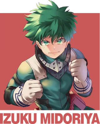 Hình ảnh Izuku Midoriya với mái tóc xanh lá, mắt xanh lá, trang phục anh hùng, nắm chặt tay, biểu cảm quyết tâm.