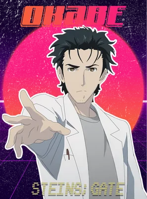 Nhân vật Okabe Rintarou trong Steins;Gate mặc áo khoác trắng, đưa tay về phía trước, nền retro neon.