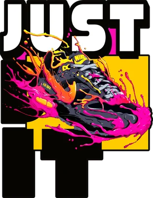 Hình ảnh giày Nike Air Max với hiệu ứng phun sơn màu hồng, cam và vàng nổi bật, kèm chữ "JUST DO IT"