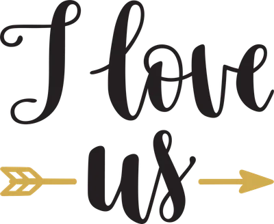 Chữ "I love us" viết tay màu đen, có hai mũi tên vàng hai bên, trên nền xám.