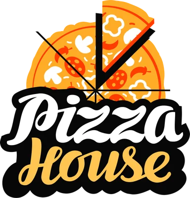 Logo Pizza House với hình ảnh miếng pizza và chữ viết tay phong cách retro