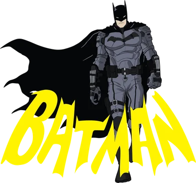 Hình ảnh minh họa nhân vật Batman với bộ giáp xám, áo choàng đen và chữ BATMAN màu vàng lớn.