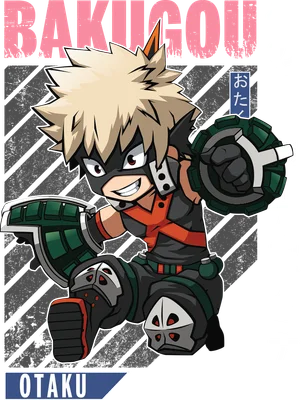 Hình vẽ chibi nhân vật Bakugo Katsuki từ anime My Hero Academia, mặc trang phục anh hùng, tư thế chiến đấu.