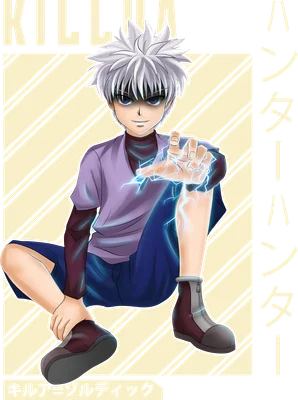 Hình ảnh Killua Zoldyck từ Hunter x Hunter, nhân vật anime với mái tóc bạc, đang ngồi và phóng điện từ tay.