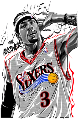 Hình vẽ Allen Iverson, cầu thủ bóng rổ nổi tiếng, mặc áo Sixers số 3, với dòng chữ "The Answer"