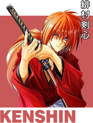 Hình ảnh Kenshin Himura với mái tóc đỏ, mặc áo đỏ, tay cầm kiếm, phong cách anime.