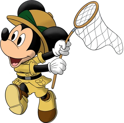 Hình ảnh Mickey Mouse trong trang phục thám hiểm màu vàng, đội mũ safari và cầm vợt, đang chạy vui vẻ.