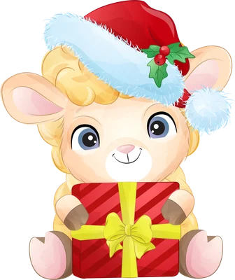 Hình ảnh cừu con dễ thương đội mũ ông già Noel, ôm một hộp quà màu đỏ có nơ vàng, phong cách hoạt hình.