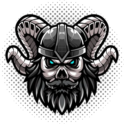Hình ảnh đầu lâu chiến binh Viking đội mũ sừng, có râu và đôi mắt xanh phát sáng, phong cách mascot mạnh mẽ.