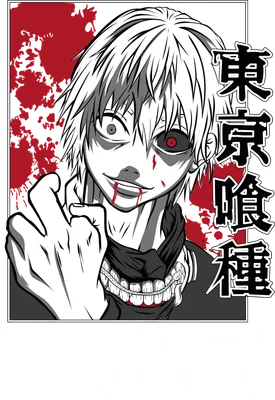 Hình vẽ nhân vật Kaneki Ken từ Tokyo Ghoul với mắt đỏ, miệng cười và vết máu.