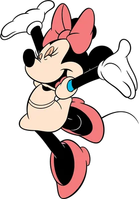 Minnie Mouse hoạt hình với nơ hồng, váy hồng và găng tay trắng đang nhảy múa vui vẻ, hai tay giơ cao.