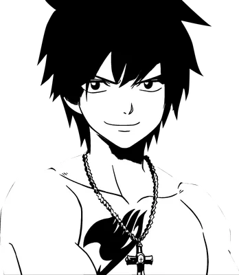 Hình vẽ nhân vật Gray Fullbuster từ anime Fairy Tail, tóc đen, đeo dây chuyền thánh giá.