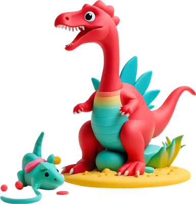Hình ảnh 3D hai chú khủng long hoạt hình, một con lớn màu đỏ và một con nhỏ màu xanh ngọc, trên nền cát vàng.