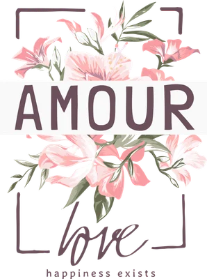 Hình ảnh bó hoa hồng và hoa ly màu hồng pastel, lá xanh, chữ AMOUR và love màu nâu trên nền xám đậm, khung viền tối giản.