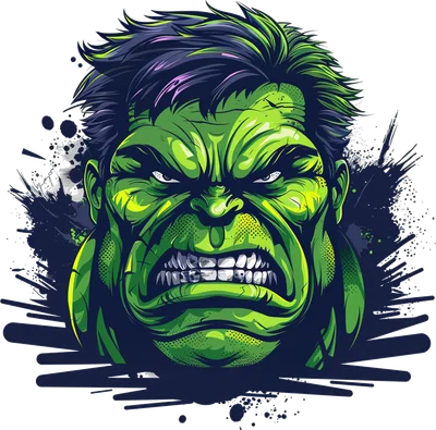 Hình minh họa đầu Hulk xanh lá giận dữ với biểu cảm mạnh mẽ, phong cách truyện tranh, có vệt mực bắn tung tóe.