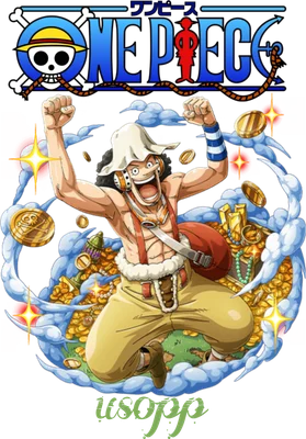 Nhân vật Usopp trong One Piece với biểu cảm vui vẻ, tay giơ cao, xung quanh là kho báu vàng và mây.