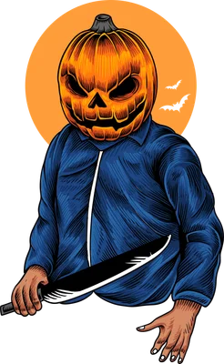 Hình minh họa nhân vật đầu bí ngô cầm dao phong cách vẽ nét khắc gỗ cho Halloween