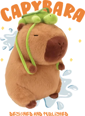 Hình ảnh capybara nhồi bông màu nâu dễ thương đội một chú rùa xanh nhỏ trên đầu, có hiệu ứng nước bắn và chữ 'CAPYBARA'.