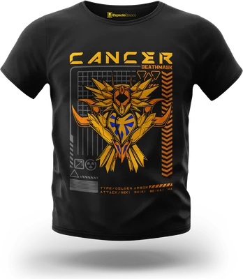Hình in chuyển nhiệt áo thun đen với họa tiết chiến binh giáp vàng phong cách Cyberpunk, tên "Cancer Deathmask"