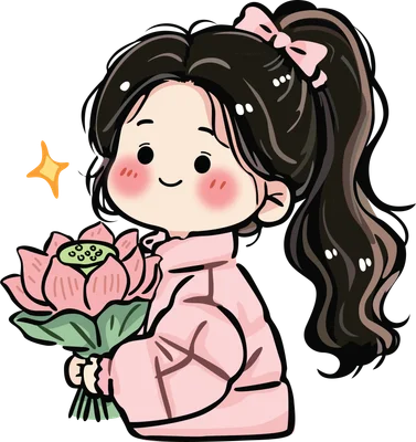 Hình vẽ chibi cô gái tóc đen buộc đuôi ngựa, đội nơ hồng, mặc áo khoác hồng, tay ôm bó hoa sen hồng.