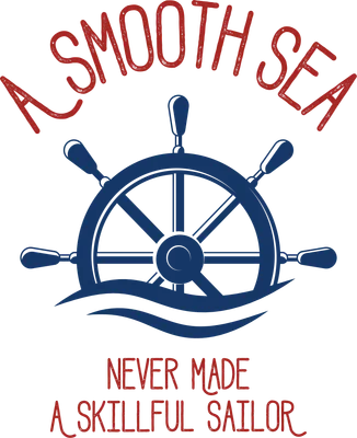 Hình ảnh bánh lái tàu màu xanh dương trên nền xám, kèm câu nói 'A SMOOTH SEA NEVER MADE A SKILLFUL SAILOR' bằng chữ đỏ.