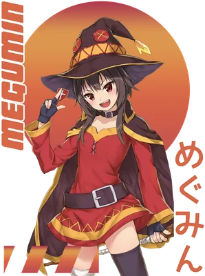 Hình ảnh Megumin, nhân vật anime mặc trang phục pháp sư đỏ, đội mũ phù thủy, cười tươi.