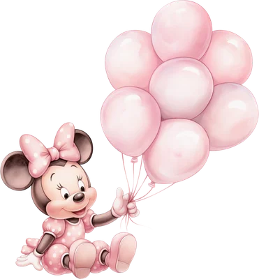 Hình ảnh Minnie Mouse hoạt hình dễ thương mặc váy hồng chấm bi, ngồi cầm chùm bóng bay màu hồng pastel.
