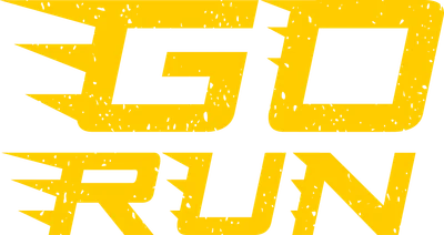 Logo "Go Run" màu vàng nổi bật trên nền xám, phong cách thể thao.