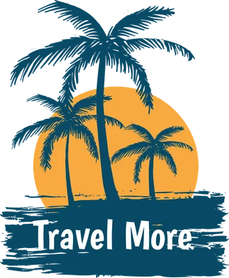 Hình minh họa cây dừa và mặt trời lặn với dòng chữ 'Travel More' trên nền hiệu ứng cọ vẽ màu xanh đậm.