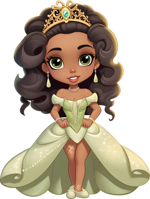 Hình minh họa công chúa Tiana phong cách chibi, da nâu, mắt xanh, tóc xoăn, mặc váy dạ hội xanh lá nhạt và vương miện vàng.