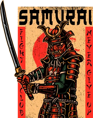 Hình minh họa chiến binh Samurai Nhật Bản cầm kiếm phong cách retro cổ điển