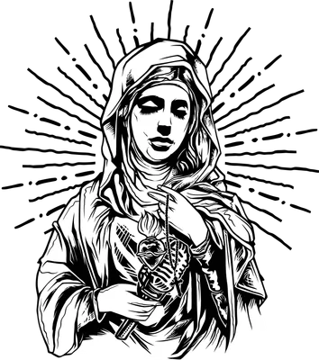 Hình minh họa Đức Mẹ Maria phong cách gothic, mắt nhắm, tay ôm trái tim bốc cháy chứa bộ xương, có hào quang tỏa ra.