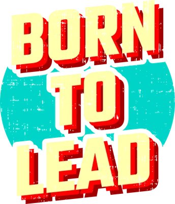 Hình in chữ Born To Lead màu kem và đỏ, hiệu ứng 3D, phong cách retro distressed trên nền xám và xanh ngọc.