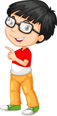 Hình ảnh hoạt hình cậu bé đeo kính, mặc áo đỏ, quần cam, chỉ tay sang bên trái với nụ cười tươi.
