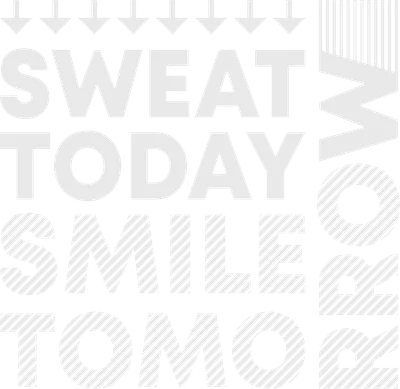 Hình ảnh typography với dòng chữ 'SWEAT TODAY SMILE TOMORROW' và các mũi tên hướng xuống, phông nền xám.