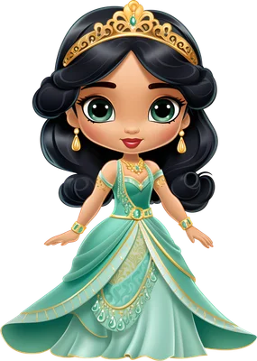 Hình ảnh công chúa Jasmine chibi với vương miện vàng, váy xanh ngọc và đôi mắt to tròn đáng yêu.