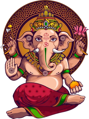 Hình ảnh minh họa Thần Ganesha ngồi thiền, đội vương miện lộng lẫy, tay cầm hoa sen và quả cam.