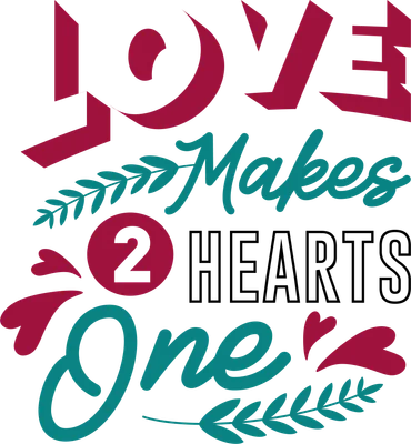 Hình ảnh chữ "Love Makes 2 Hearts One" với các họa tiết trái tim và lá cây màu hồng và xanh ngọc.