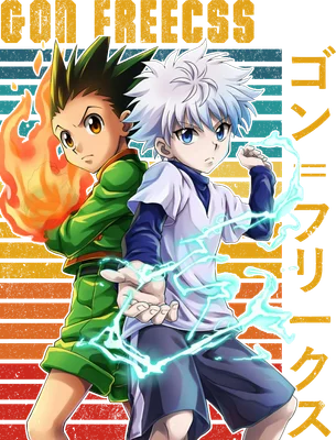 Hình ảnh Gon và Killua từ anime Hunter x Hunter, Gon với lửa, Killua với sét, phong cách anime.