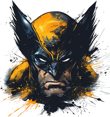 Hình ảnh Wolverine từ X-Men với mặt nạ đen vàng, râu quai nón, phong cách vẽ splatter art mạnh mẽ trên nền xám.