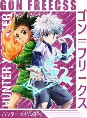 Hình ảnh Gon và Killua từ anime Hunter x Hunter, Gon có lửa, Killua có sét.