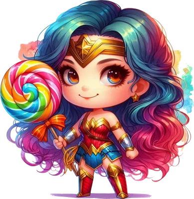 Hình ảnh chibi Wonder Woman dễ thương với tóc nhiều màu, mặc trang phục siêu anh hùng, đang cầm một cây kẹo mút cầu vồng lớn.