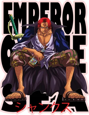 Hình ảnh Shanks Tứ Hoàng từ One Piece ngồi vắt chân, cầm chai rượu, kiếm đeo bên hông.