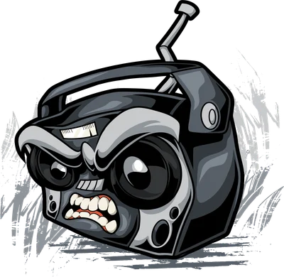 Hình minh họa đài radio boombox hoạt hình màu xám đen với biểu cảm giận dữ, răng nanh sắc nhọn và loa làm mắt.