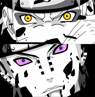 Hình ảnh cận mặt Naruto với mắt vàng và Pain với mắt Rinnegan tím, phong cách anime đen trắng