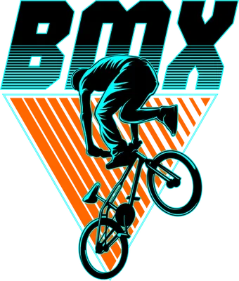 Hình minh họa vận động viên BMX màu đen và xanh neon đang biểu diễn trên nền tam giác sọc cam, chữ BMX phía trên.